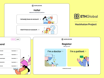 WorldCare blockchain crypto cryptocurrency ens ethglobal hackhaton healthcare illustration login medical patient register ui worldcare worldcoin