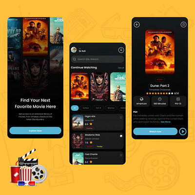 Movie App Screens designinterface mob app design moviesapp ui userexperience uxui