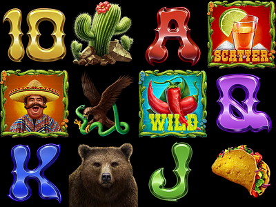 Mexican themed online slot - Set of slot symbols animation animation characters animation digital art gambling game art game design game graphics graphic design mexican mexican animation mexican slot mexican symbols mexico motion graphics slot animation slot characters slot design slot symbols symbols animation