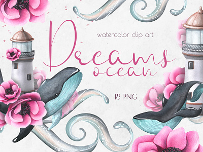 Whales & flowers watercolor clip-art marine