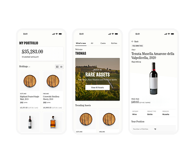 Spirits and Wine Investment App alternative app app design collectibles design ecom invest marketplace returns stockx ui ux whiskey whisky wine