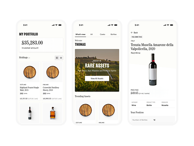 Spirits and Wine Investment App alternative app app design collectibles design ecom invest marketplace returns stockx ui ux whiskey whisky wine