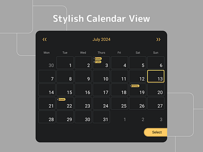 Stylish Calendar View UI calendar calendar events calendar view dark mode date date picker date selector design events mobile view picker selecter stylish stylish calendar ui web view