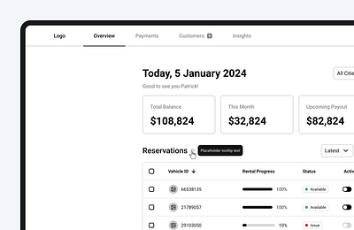 Auto Reservation System buttom dashboard header interaction navigation progressbar saas status table tooltip ui widgets