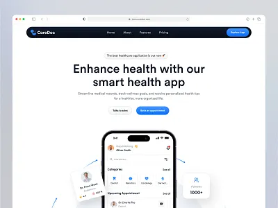 CareDoc - Mobile App Landing Page application design dashboard design design doctor doctor landing page home page home page design landing page landing page design mobile app mobile app landing page saas landing page top landing page top saas designer ui ui design ux ux design web app design website design