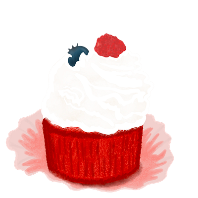 Red Velvet Cupcake w/Berry topping berries blueberry cake cup cake dessert food frosting hand drawn icing illustration rasberry red velvet sugar