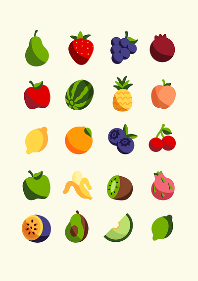 Fruit Icon Illustrations 2d app bright design fruit icons illustration illustrator poster ui unique vector