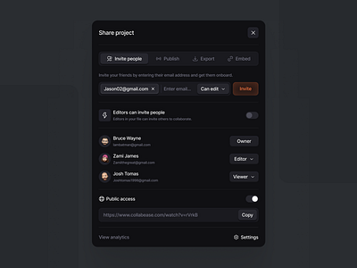 Share Modal clean dark interface invite invite modal minimal modal popover popup product product design share sharing permission ui ui design uix user interface ux