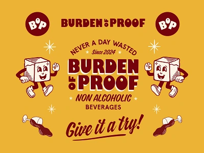 Burden of Proof - Brand Identity Non Alcoholic Bottle Shop beverage brand identity brand mascot branding design fun logo graphic design icon identity illustration logo logo design logo designer sign writing typography vintage logo visual identity wine lable wine shop