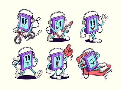 Retro Walkman Characters 80s 90s asset branding cartoon characters design features illustration mascot retro