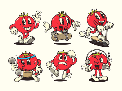 Cute Tomato Characters 80s 90s branding cartoon characters design features illustration mascot retro tomato