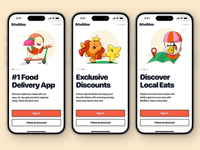 BiteBliss - Mobile App brand identity branding character ui cute cute character delivery app food app food branding food delivery food mascot fun illustration ui ui character ui illustration ux illustration