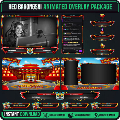 Red Barongsai Stream Overlay Package sleek screen