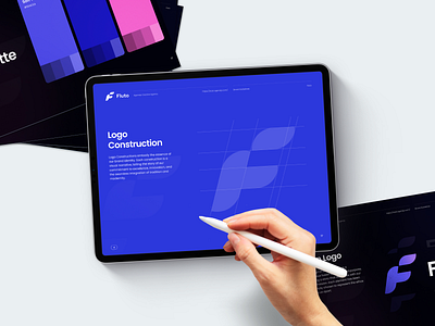 Fluto - Brand Guidelines - Logo Construction (Mockup Preview) 3d brand book brand guideline brand identity branding clean company dark mode design finance fintech graphic design illustration logo mockup pitch deck presentation startup style guide template