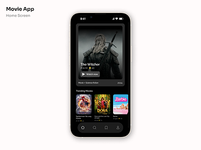 Movie App Home Screen dark theme design home screen inspiration long card mobile movie oshin ui ux