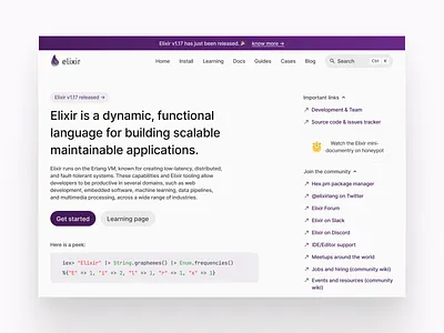 Elixir lang website redesign clean elixir programminglanguagewebsite tech userinterface website