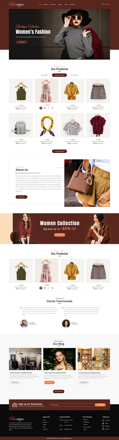 Boutique Women Fashion Web layout about us banner fashion footer header men modern products slider women