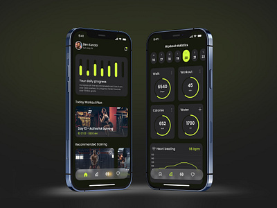 FitFusion | Fitness Mobile App | Progress Dashboard app calendar charts dark mode dashboard design fitness histogram line chart navigation bar pie chart product cards sport ui ui trends