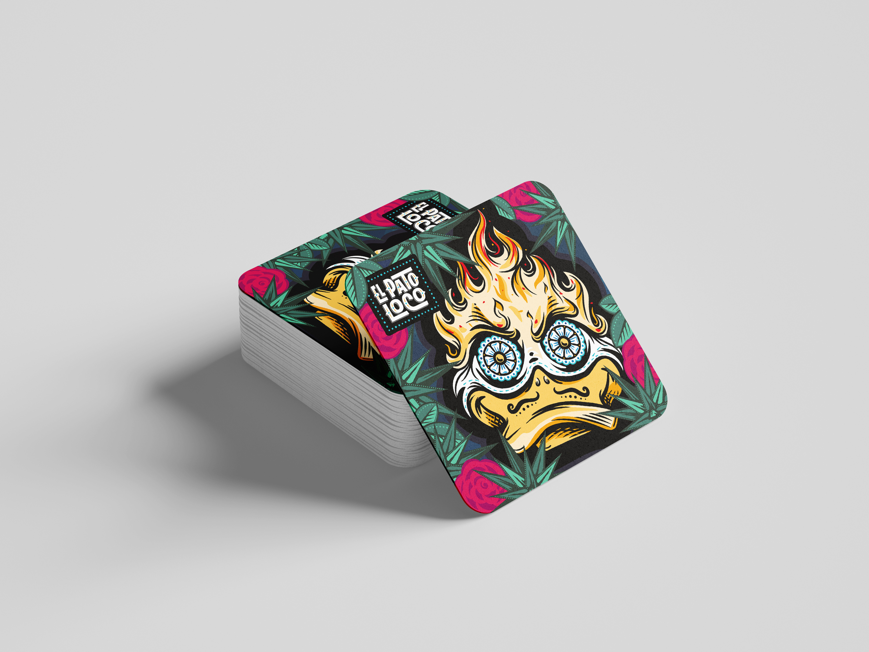Coasters for El Pato Loco agave bar branding coaster dia de muertos duck floral illustration logo mexican food restaurant vector art