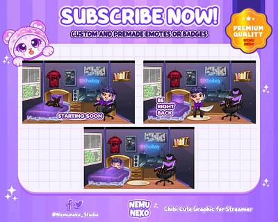 💜CUSTOM CHIBI SCREEN for STREAMER💜 animation branding character illustrator chibi emotes custom design cute emotes design graphic design illustration logo screen design stream package twitch emotes