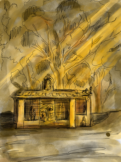 Golden Hour at Temple cartoon graphic design illustration