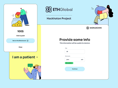 WorldCare blockchain blockscout crypto cryptocurrency design doctor ethereum ethglobal hackhaton healthcare illustration patient ui ux worldcare worldcoin worldid