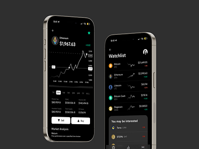 Mobile Cryptocurrency Platform - Dark Theme Design android app clean crypto cryptocurrency dark design finance financial fintech investment ios modern product product design ui ux