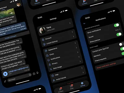Secure Messenger App — Settings account app chats communication contacts dark design interface messenger mobile notifications privacy profile secure settings social social media ui ux voise messages