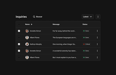 Inquiries data table - Dark mode avatar buttom cells checkbox darkmode datatable header rows status