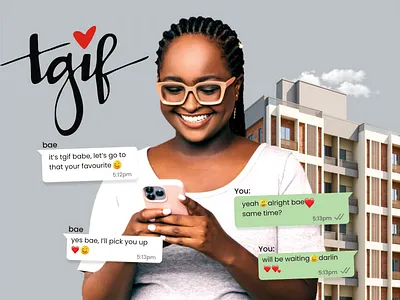 Real Estate - tgif akinkunmi babatunde chat design concept on tgif elon city estate graphic design lady holding iphone real estate tgif design smiling lady tgif tgif design tunecxino zee amiable properties