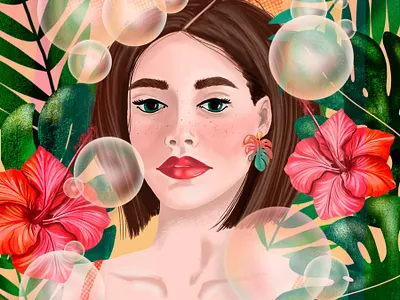 Tropical Girl art licensing bubbles character design design drawing challenge female illustrator female portrait fun with faces girl hand drawn illustration procreate short hair tropical