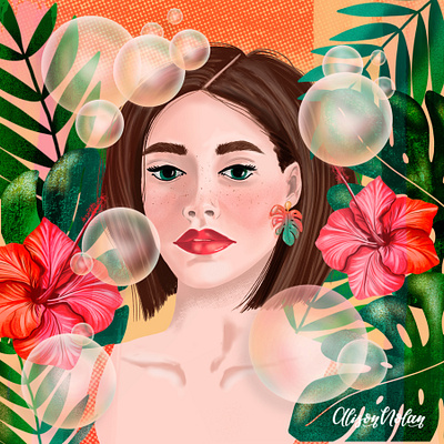 Tropical Girl art licensing bubbles character design design drawing challenge female illustrator female portrait fun with faces girl hand drawn illustration procreate short hair tropical