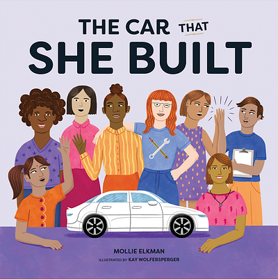 Book Cover Art for "The Car That She Built" book cover cars engineering illustration people stem women