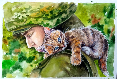 Original watercolor Ukrainian painting, Cat and Soldier, war in cat hand painted illustration paint painting pet ukraine war