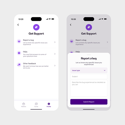 Account Settings → Support → Report bug 🐞 app design design mobile app product design ui ux design