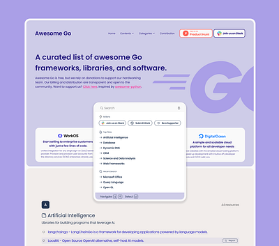 Awesome Go Page Redesign background design github go homepage landingpage list programming redesign searchbox ui ux