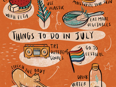 July To-Do List calendar calm cat cute doodle drawing fancy illustration inspiration pride summer typography watermelon
