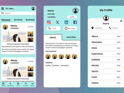 Connecting People with Same Vibes ... about call connections contacts dating design designing details figma graphic designing hobbies links logo personal profile ui uiux user ux