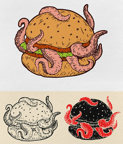 Burger burger draw fastfood illustration monster octopus print sandwich tentacle