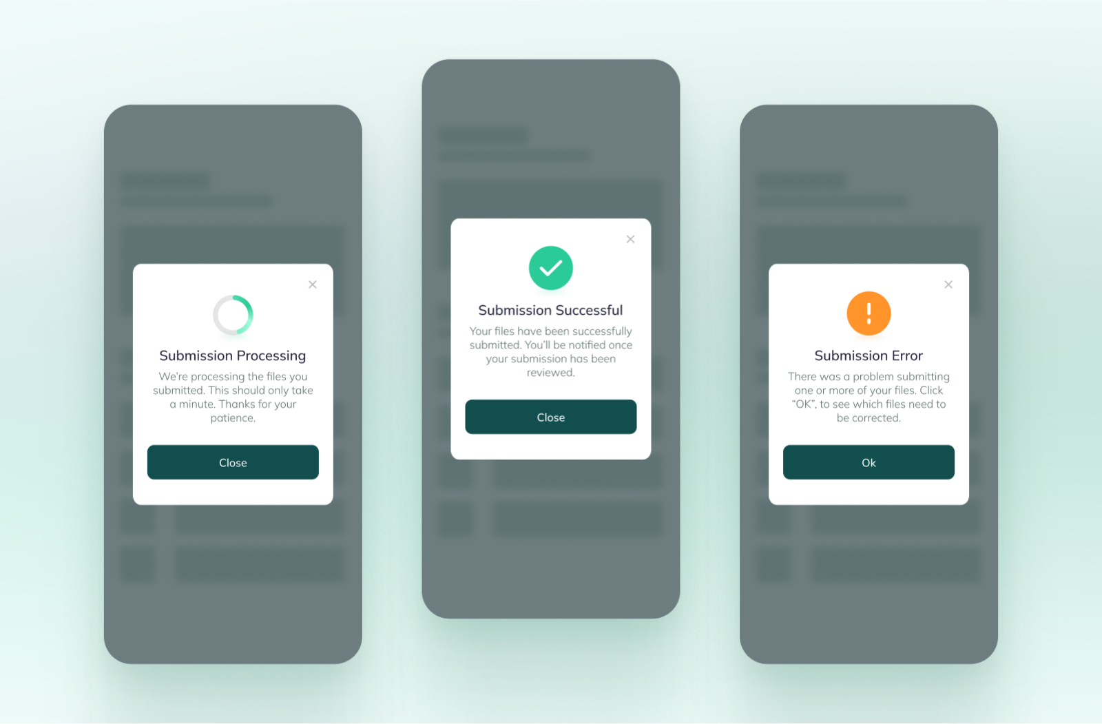 Submission Response Modals - Mobile app mobile product design ui ux visual design