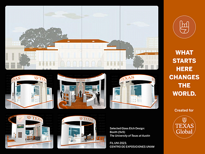 Glass Etch Design: UT Austin Skyline 3d booth design glass design illustrator model