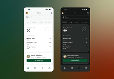 Light & dark mode dark energy home light mobile ui