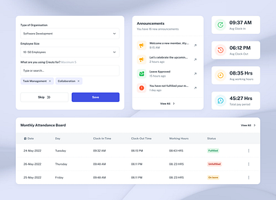 Employee Dashboard Components app blue branding crm dashboard design employee employee management hrms office product design table ui uiux ux web