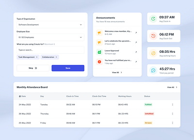 Employee Dashboard Components app blue branding crm dashboard design employee employee management hrms office product design table ui uiux ux web