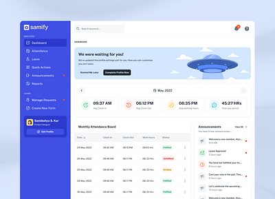 Employee Dashboard Management attendance blue branding color crm dashboard employee management graphic design hrms illustration logo minimal office management ui web web app white