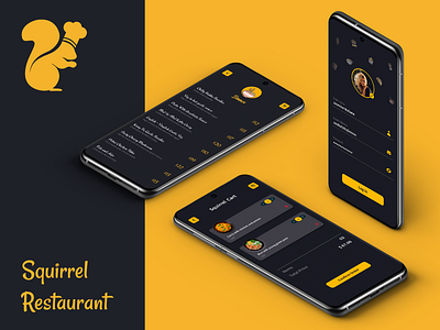 Restaurant Booking & Food Delivery App UI animal logo app ui booking page change photo dark ui edit profiles edit screen food app food delivery ui food list page graphics design hotel app ios app order confirmation page order placed screen profile page restaurant app squirrel uiux yello dark