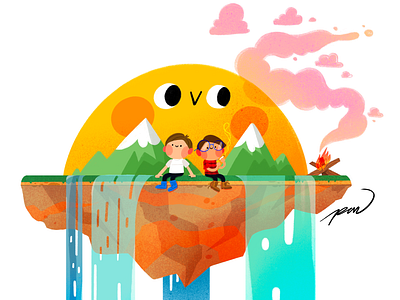 Flat Earth cartoon character color colorful cute design earth flat illustration landscape lfriends mountains waterfall