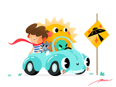 Going. alien art cartool cartoon cat character color colorful cute design drive friends illustration ride road roadtrip sun