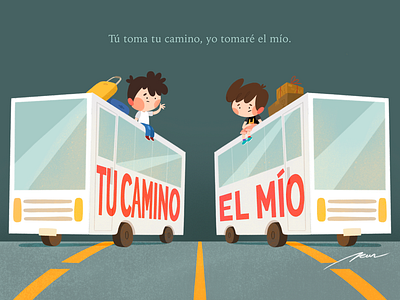 Camino breakup bus cartoon character color colorful cute design illustration love road
