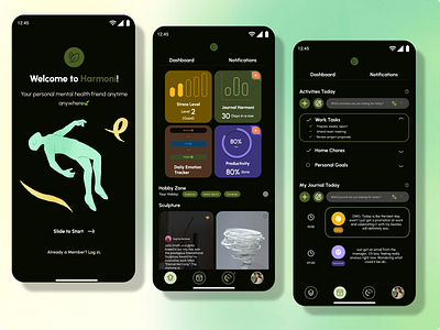 Harmoni - Mental Health UI app dashboard design journaling mental health app typography ui wellness